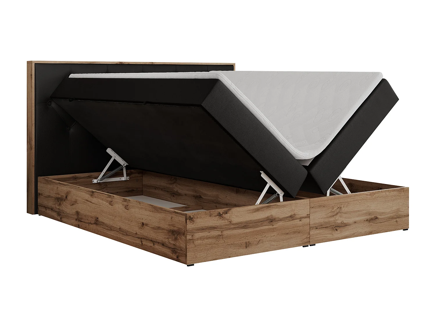 Boxspringbett VENETO - gestepptem Kopfteil, Set mit Multipocket-Matratze und Topper, Holzrahmen, zwei Bettkästen - 180x200 cm - H4 - Schwarz Kunstleder