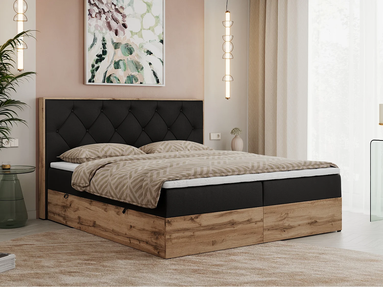 Boxspringbett VENETO - gestepptem Kopfteil, Set mit Multipocket-Matratze und Topper, Holzrahmen, zwei Bettkästen - 180x200 cm - H4 - Schwarz Kunstleder