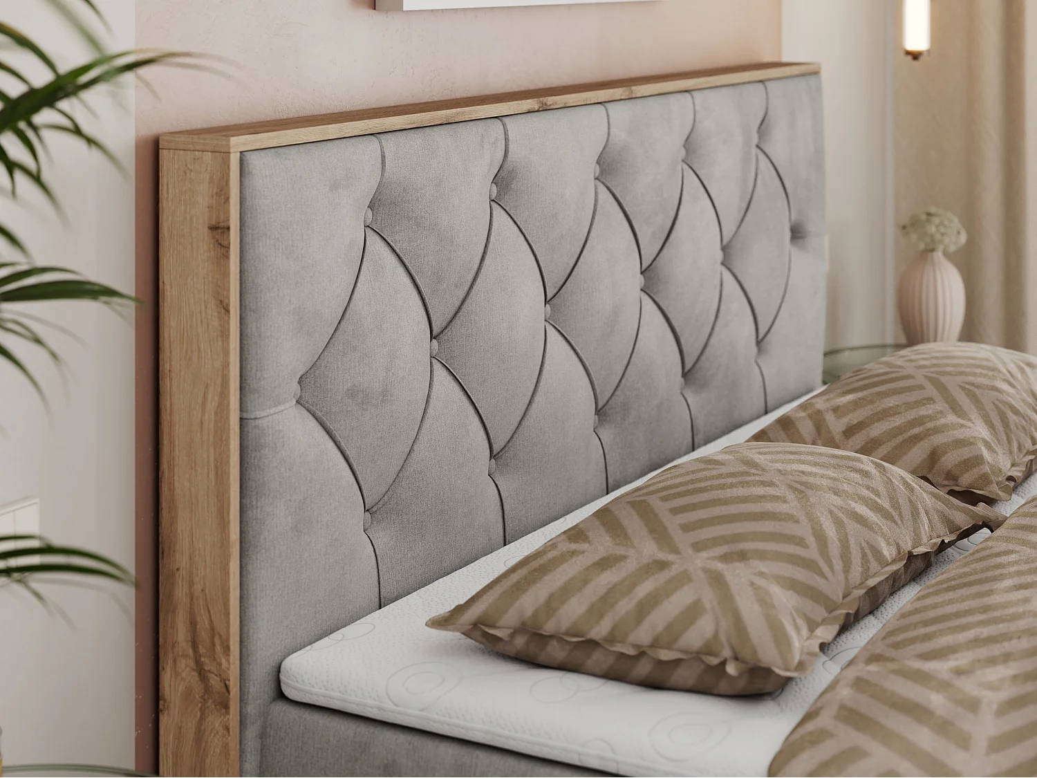 Boxspringbett VENETO - gestepptem Kopfteil, Set mit Multipocket-Matratze und Topper, Holzrahmen, zwei Bettkästen - 180x200 cm - H4 - Hellgrau Velvet