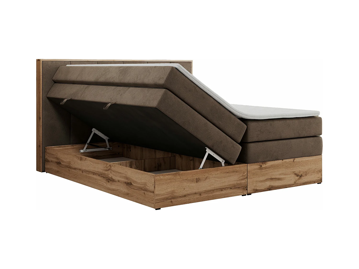 Boxspringbett ALBERO 1 KING - zwei 7 Härtezonen Multipocket-Matratzen, Doppelbett mit Stauraum, Eiche Wotan Holzrahmen - 160x200 cm - H4 - Braun Velvet