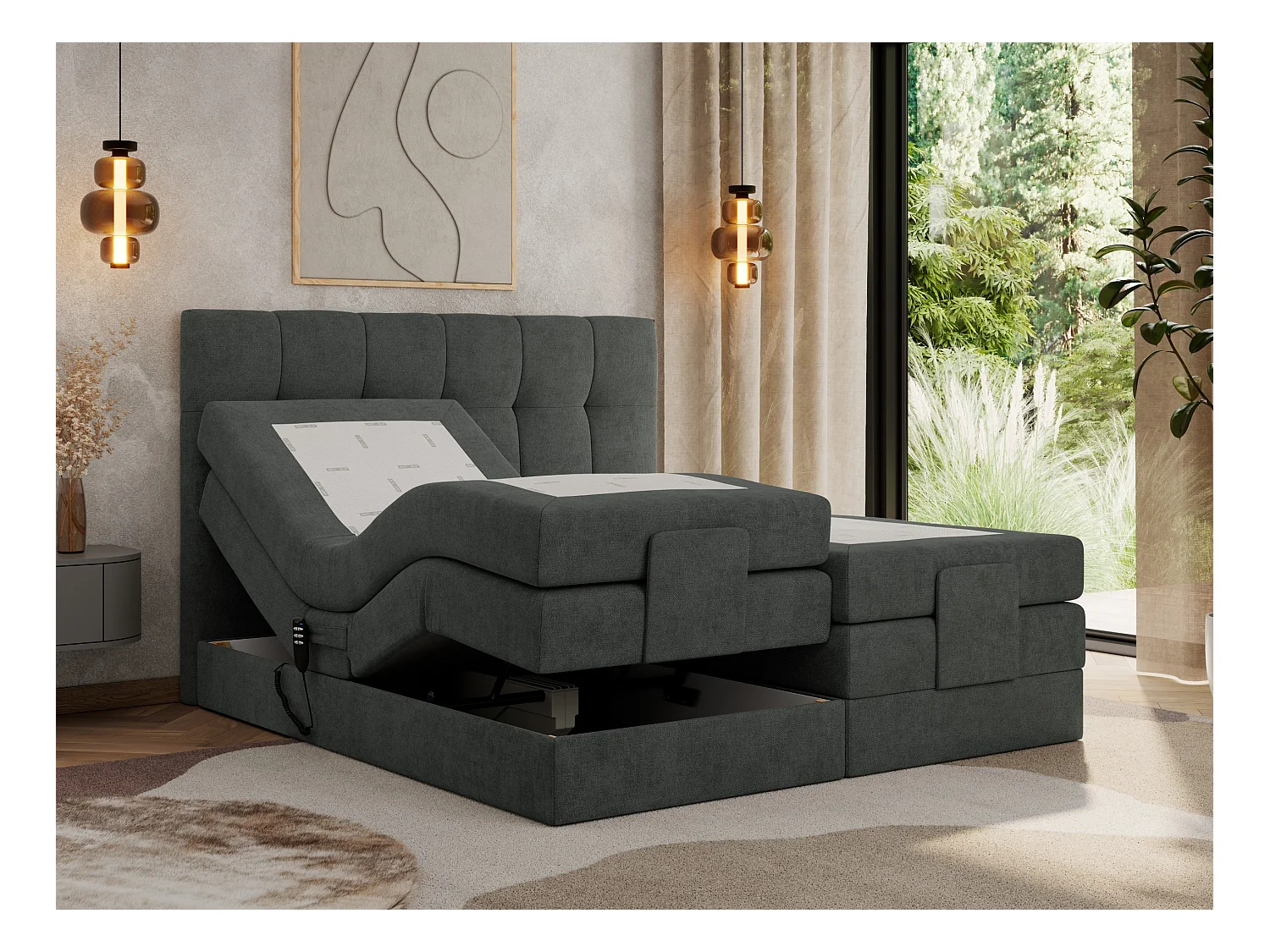 Boxspringbett VITTORIA - mit gestepptem Kopfteil, elektrischem Untergestell, Multipocket-Matratze - 140x200 cm - H3 - Dunkelgrau Strukture