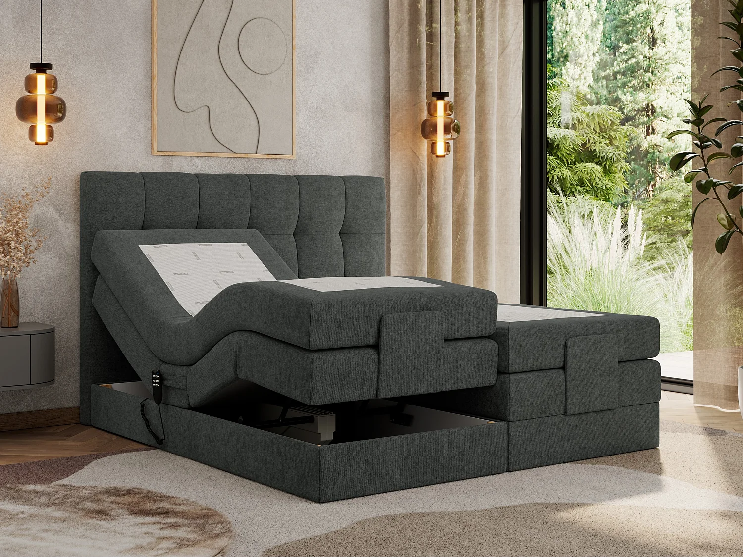 Boxspringbett VITTORIA - mit gestepptem Kopfteil, elektrischem Untergestell, Multipocket-Matratze - 140x200 cm - H3 - Dunkelgrau Strukture