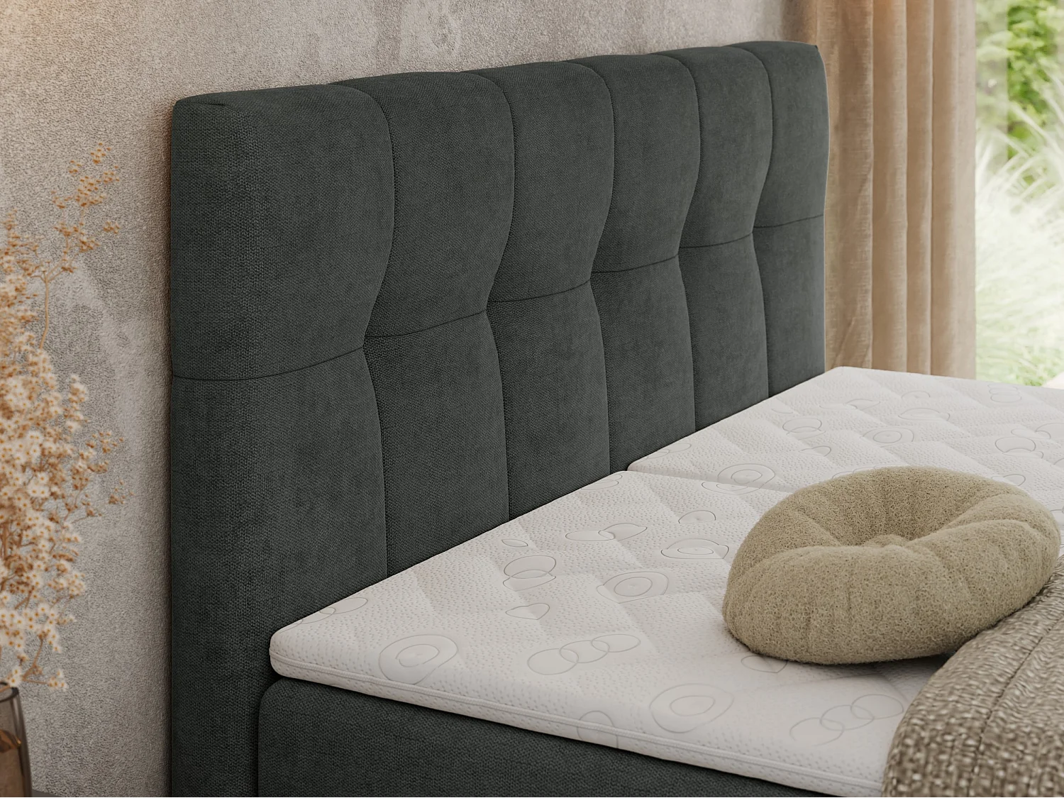 Boxspringbett VITTORIA - mit gestepptem Kopfteil, elektrischem Untergestell, Multipocket-Matratze - 140x200 cm - H3 - Dunkelgrau Strukture