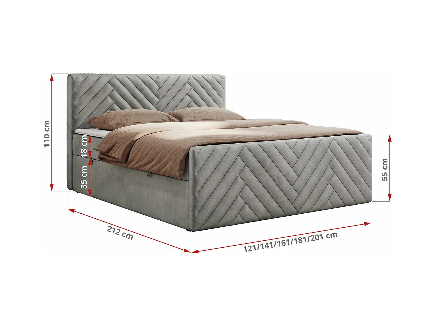 Boxspringbett PARIS DUO - Polsterbett mit genähtem Kopfteil und Frontplatte, Doppelbett, zwei Bettkästen - 140x200 cm - H3 - Hellgrau Velvet