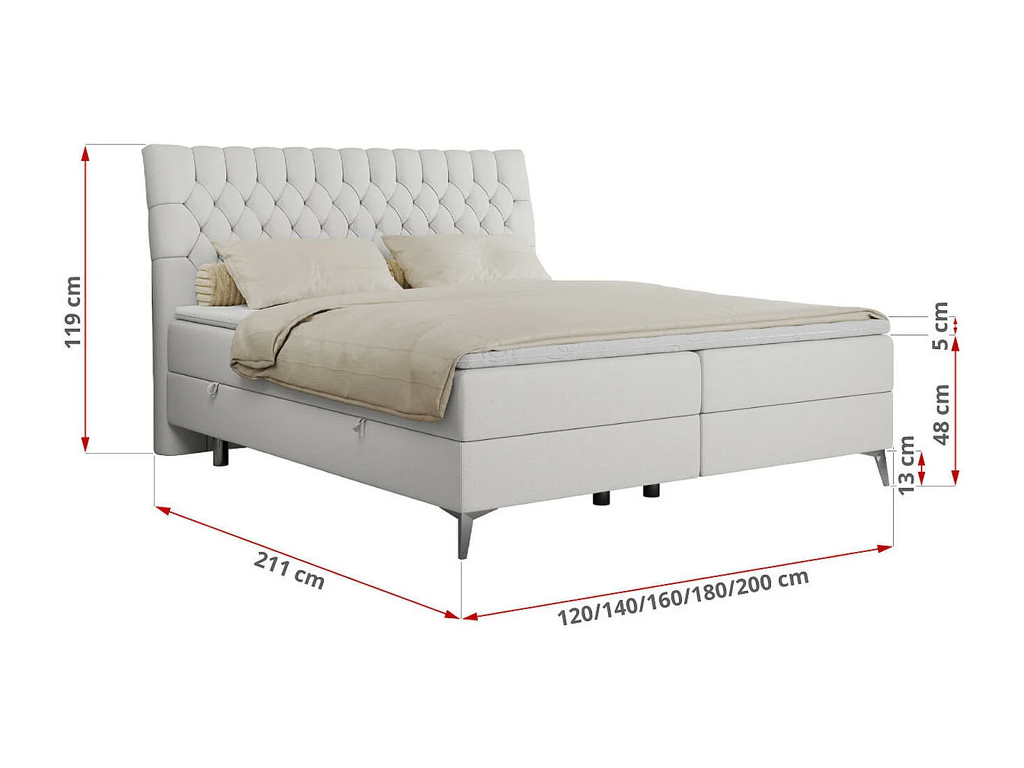Boxspringbett MILEN - gepolstertes Schlafzimmerbett, zwei Multipocket-Matratze, dekorative hohe Beine - 120x200 cm - H3 - Weiß Kunstleder