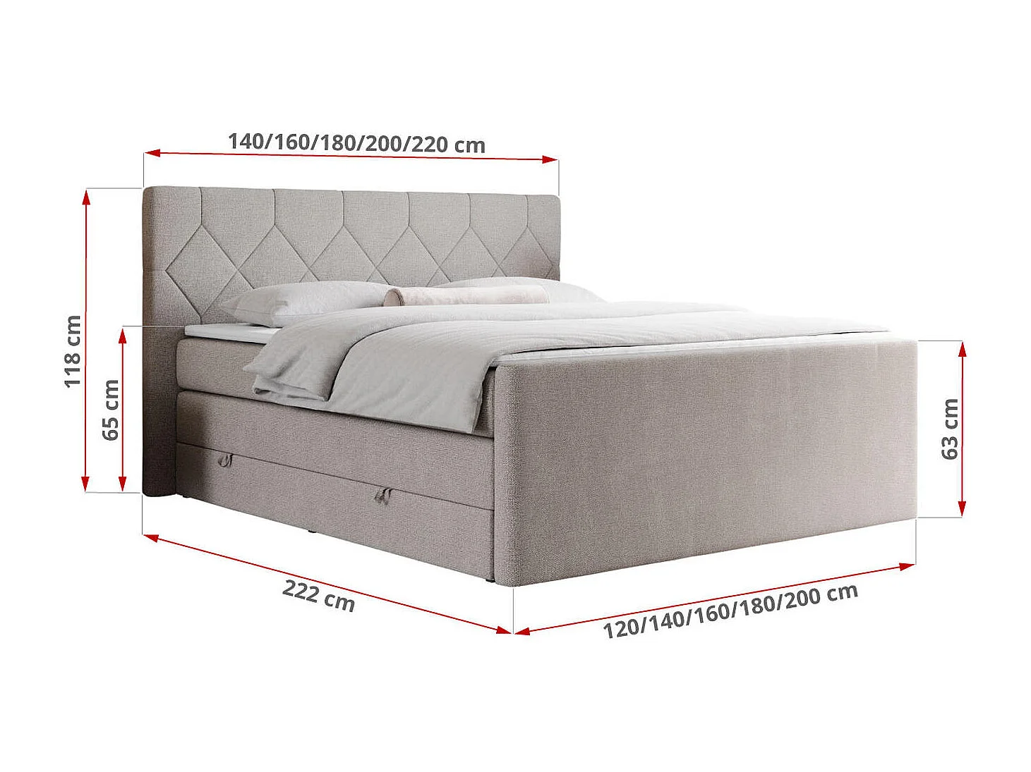 Boxspringbett EIGAR KING - Doppelbett mit genähtem Kopfteil, zwei Multipocket-Matratzen, Polsterbett für Schlafzimmer - 200x200 cm - H3 - Beige Strukture