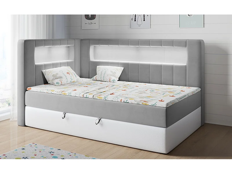 Kinderbett JUNIOR GOLD 3 - Einzelbett mit Matratze, LED-Beleuchtung, Bettkasten - 90x200 cm - Links Seite