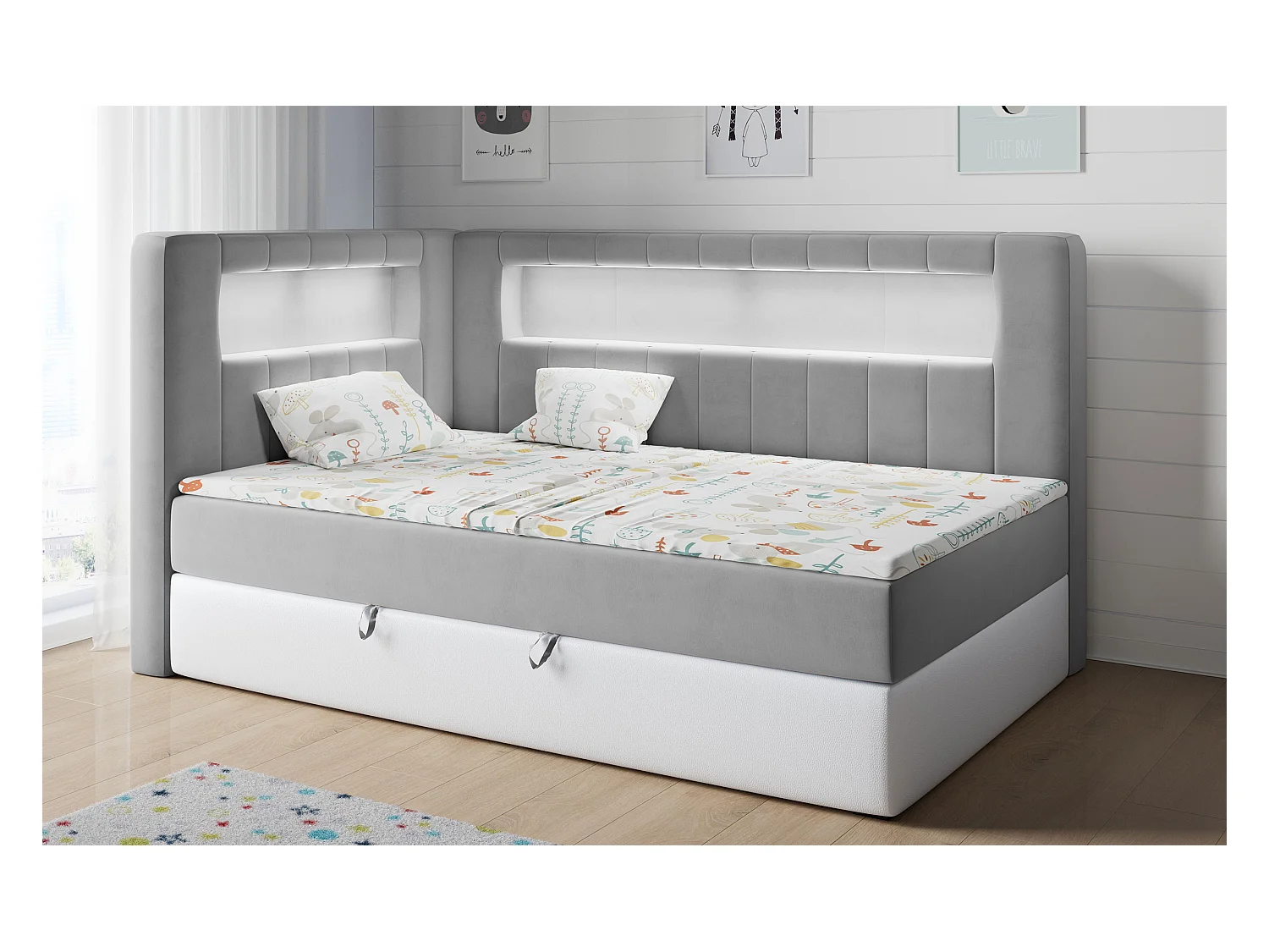 Kinderbett JUNIOR GOLD 3 - Einzelbett mit Matratze, LED-Beleuchtung, Bettkasten - 90x200 cm - Links Seite