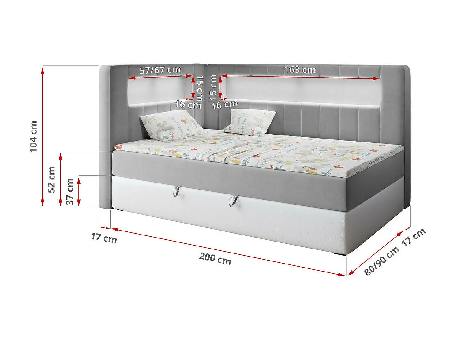 Kinderbett JUNIOR GOLD 3 - Einzelbett mit Matratze, LED-Beleuchtung, Bettkasten - 90x200 cm - Links Seite