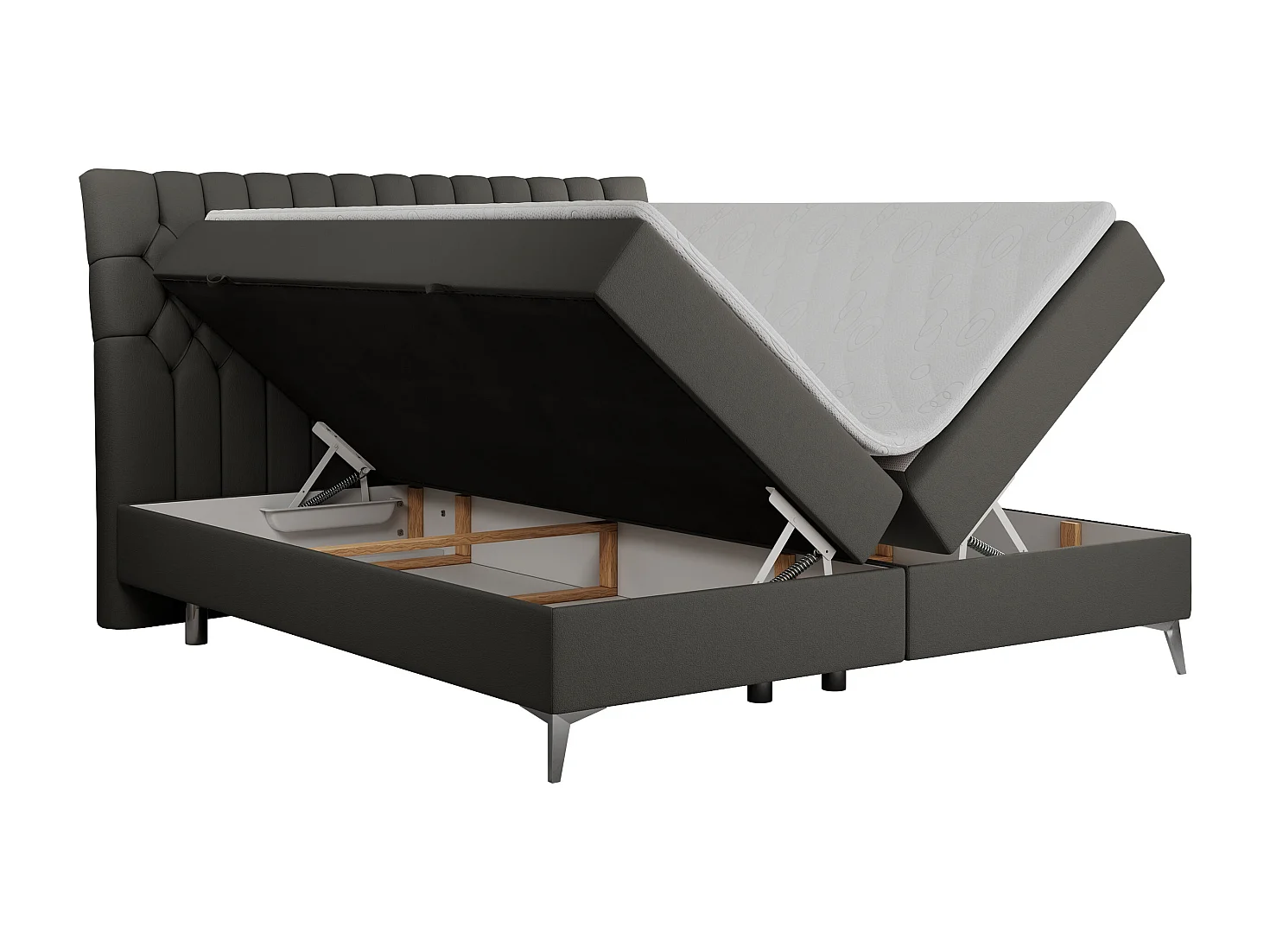 Boxspringbett MILEN - gepolstertes Schlafzimmerbett, zwei Multipocket-Matratze, dekorative hohe Beine - 160x200 cm - H3 - Dunkelgrau Kunstleder
