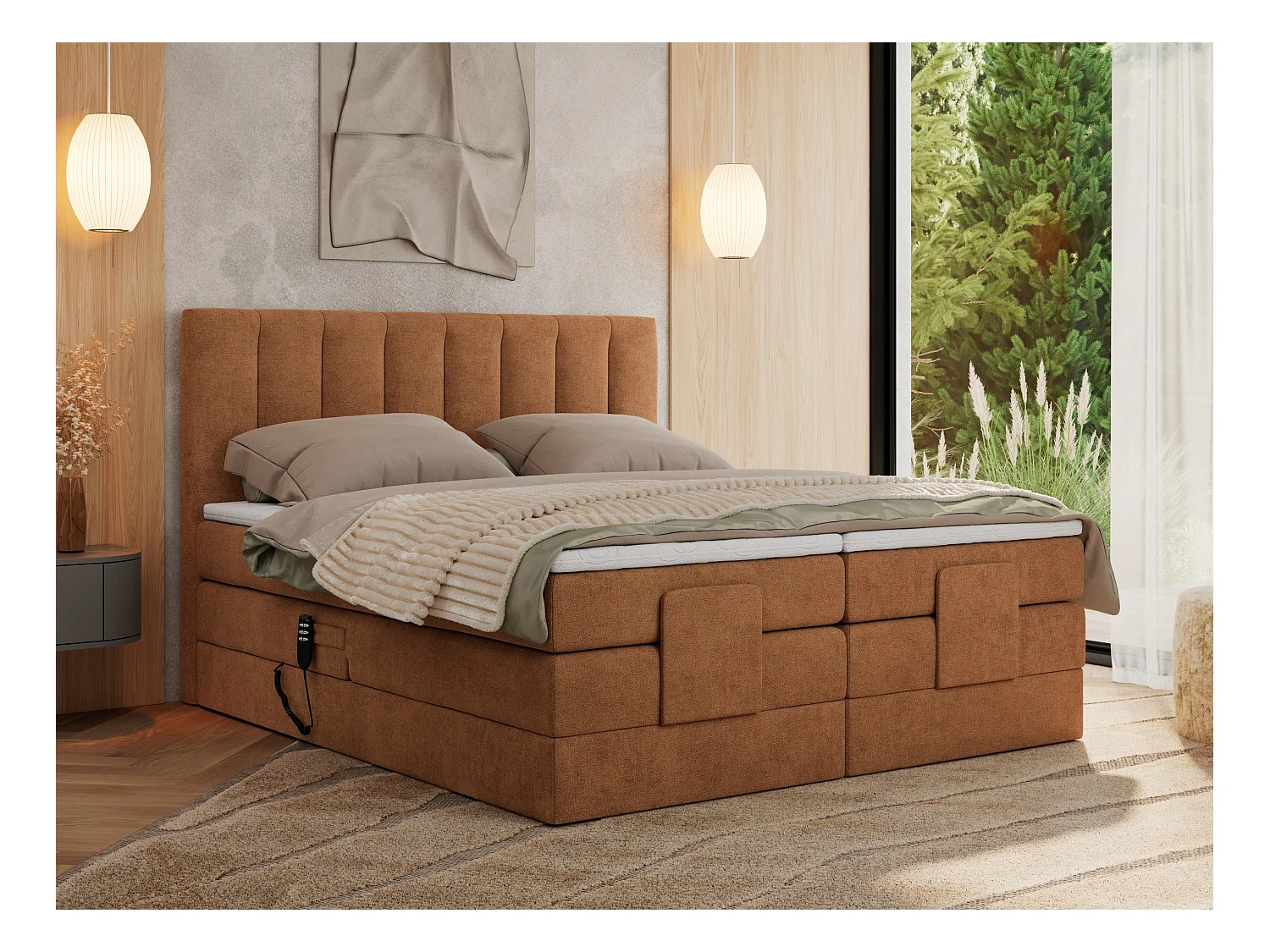 Boxspringbett COMFORTO - Doppelbett, Elektrisch verstellbare, Multipocket-Matratzen und Topper, genähtes Kopfteil - 160x200 cm - H4 - Orange Strukture