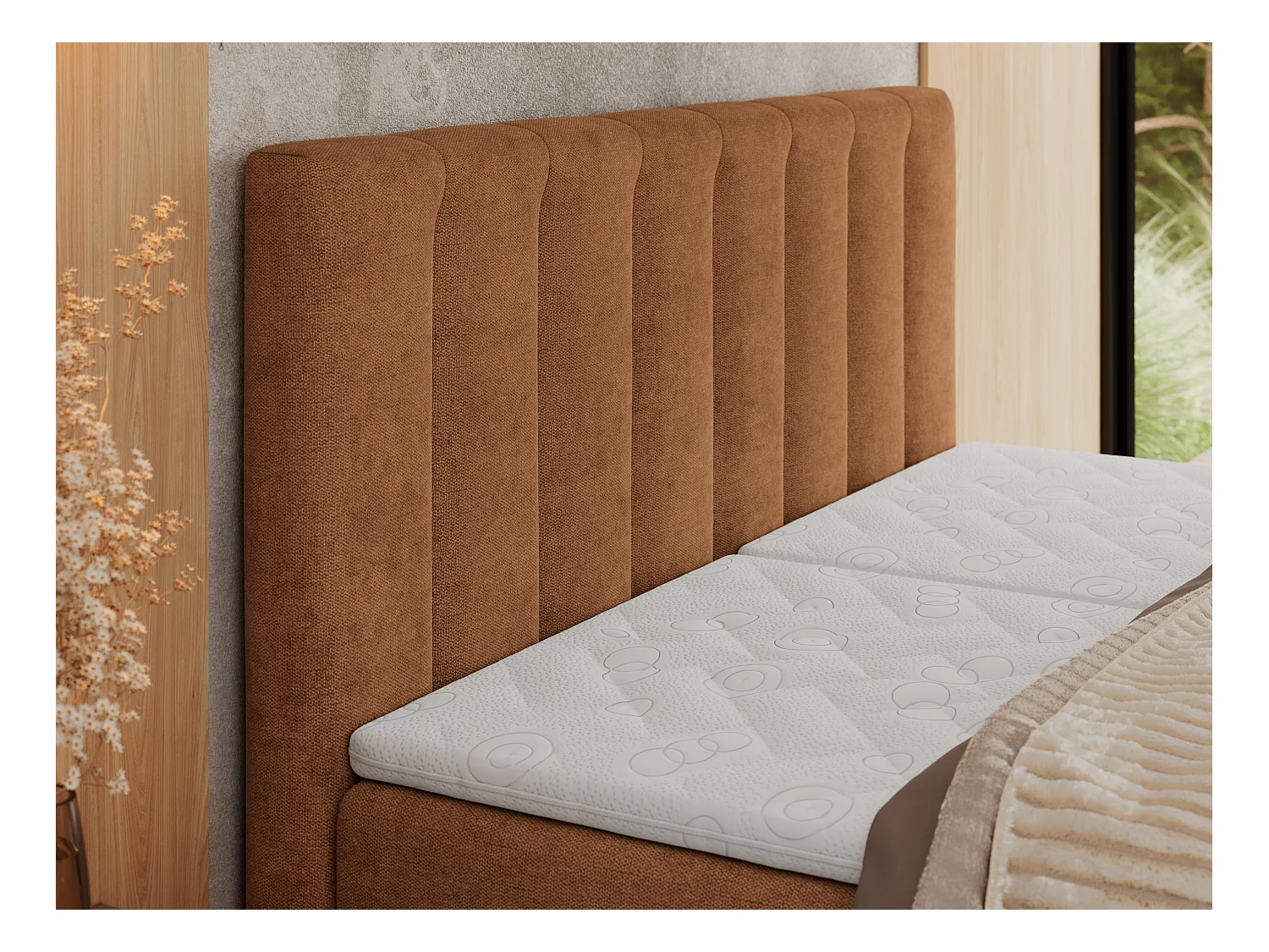 Boxspringbett COMFORTO - Doppelbett, Elektrisch verstellbare, Multipocket-Matratzen und Topper, genähtes Kopfteil - 160x200 cm - H4 - Orange Strukture