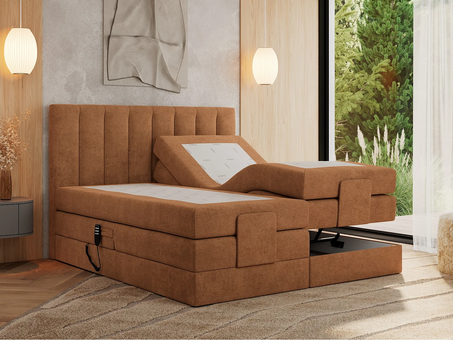 Boxspringbett COMFORTO - Doppelbett, Elektrisch verstellbare, Multipocket-Matratzen und Topper, genähtes Kopfteil - 160x200 cm - H4 - Orange Strukture