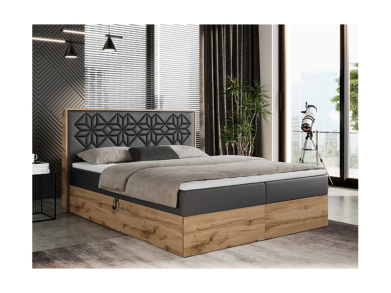 Boxspringbett NESSI - mit hoher Kopfstütze, Multipocket-Matratze und Topper, Doppelbett mit Bettkästen - 200x200 cm - H4 - Dunkelgrau Kunstleder