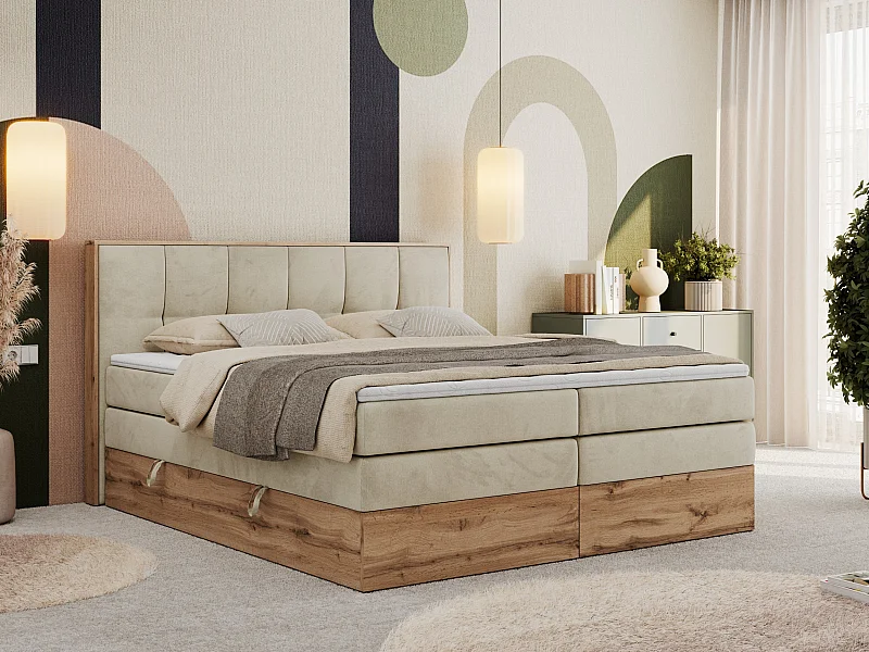 Boxspringbett ALBERO 1 KING - zwei 7 Härtezonen Multipocket-Matratzen, Doppelbett mit Stauraum, Eiche Wotan Holzrahmen - 140x200 cm - H3 - Beige Velvet
