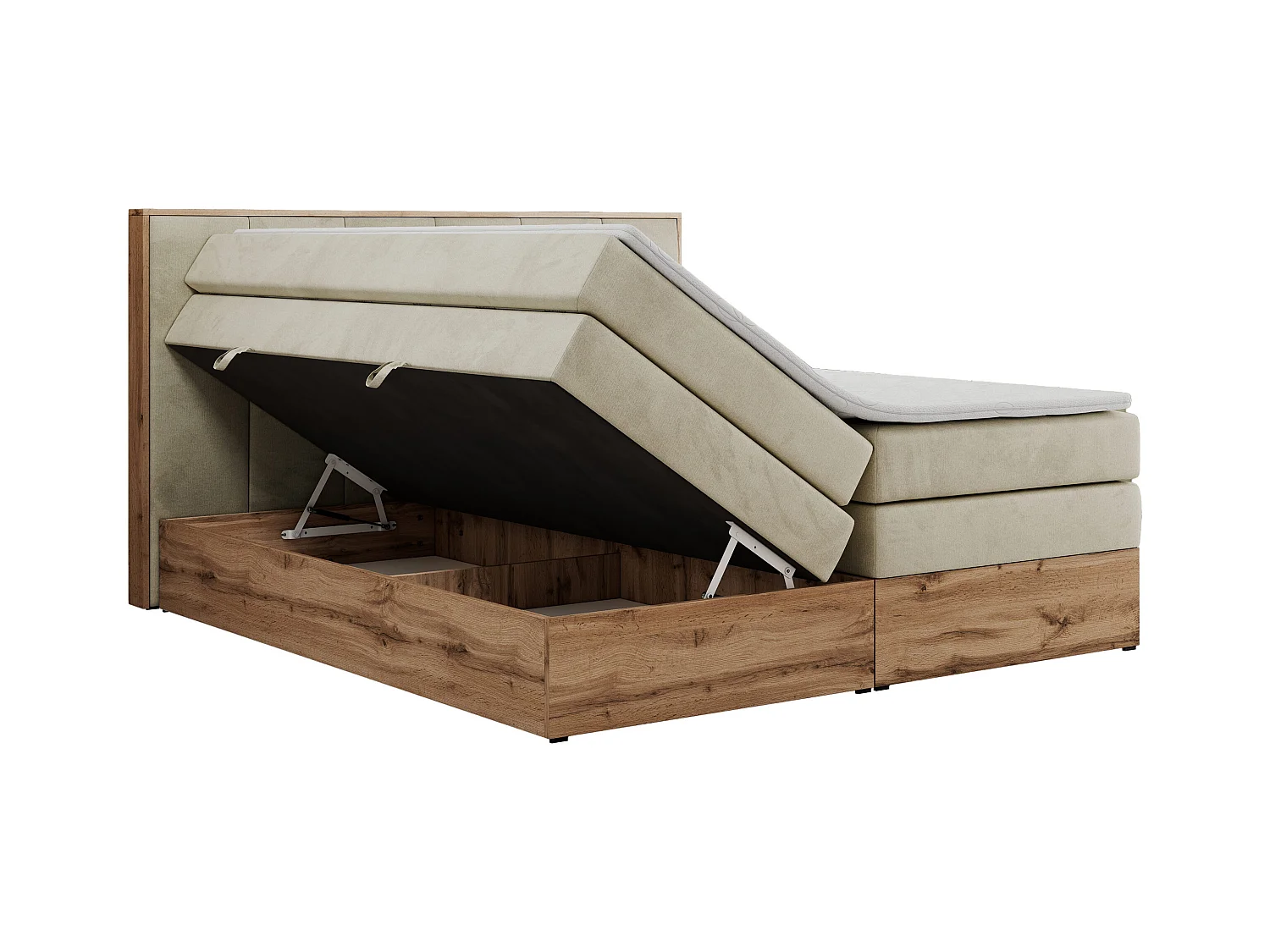 Boxspringbett ALBERO 1 KING - zwei 7 Härtezonen Multipocket-Matratzen, Doppelbett mit Stauraum, Eiche Wotan Holzrahmen - 140x200 cm - H3 - Beige Velvet