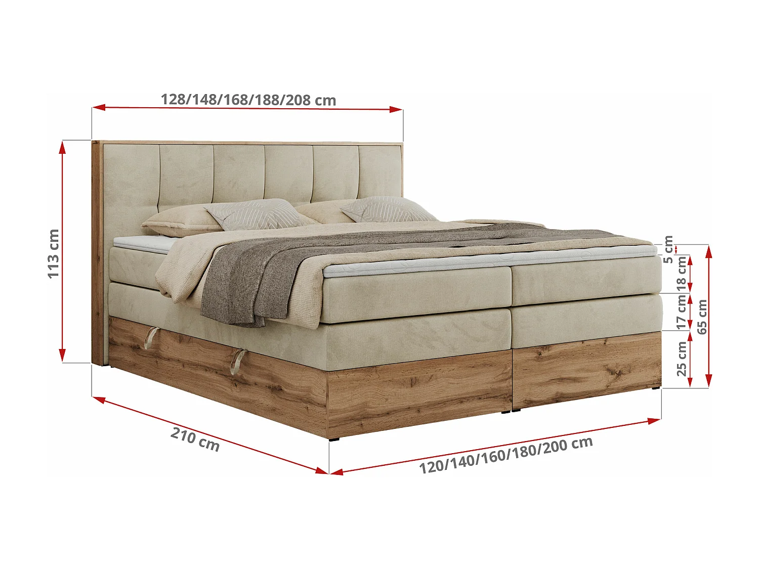 Boxspringbett ALBERO 1 KING - zwei 7 Härtezonen Multipocket-Matratzen, Doppelbett mit Stauraum, Eiche Wotan Holzrahmen - 140x200 cm - H3 - Beige Velvet