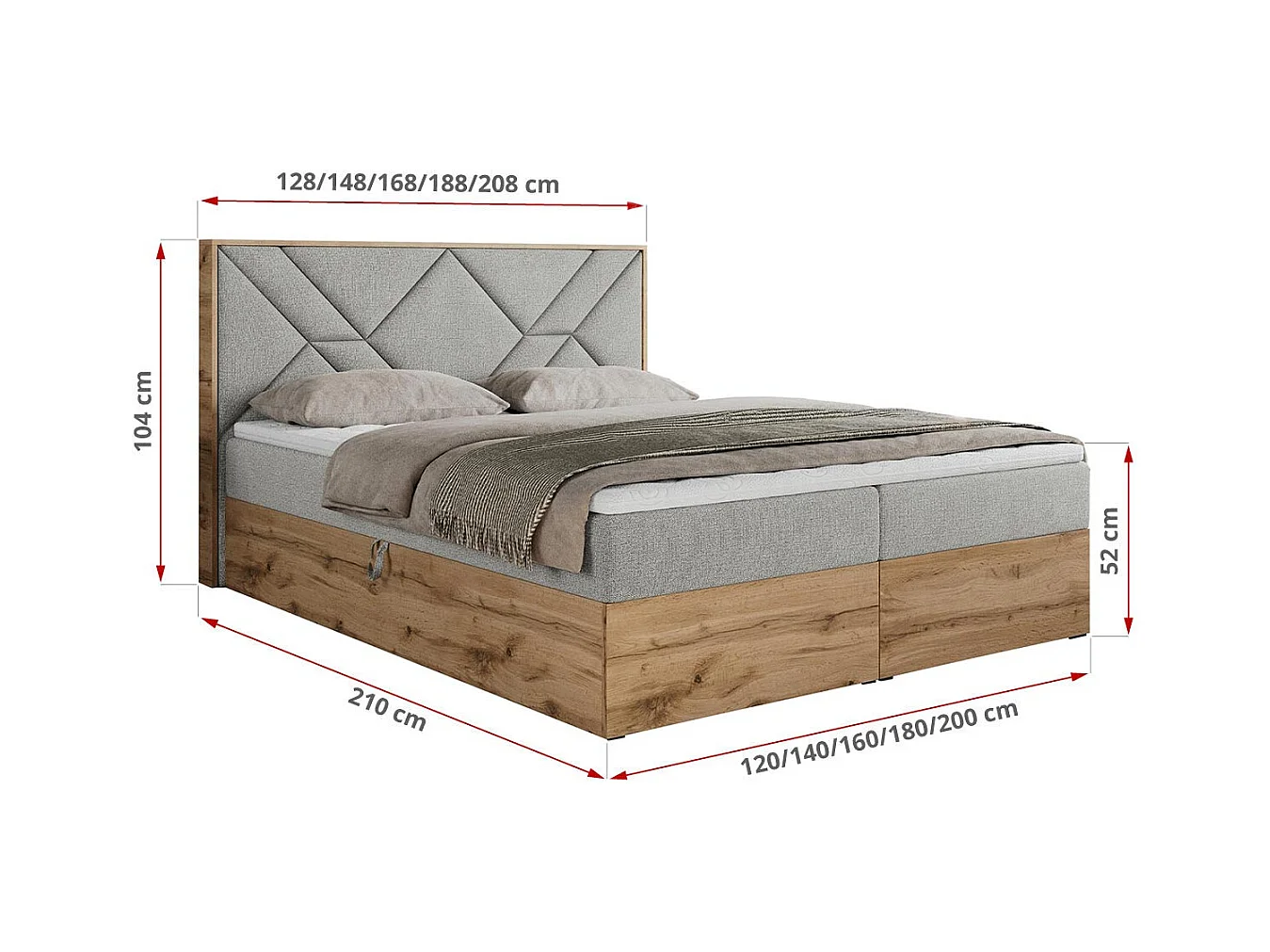 Boxspringbett GUNAR - gepolster kopfteil, Doppelbett mit Multipocket-Matratze, zwei Bettkästen - 200x200 cm - H4 - Hellgrau Strukture