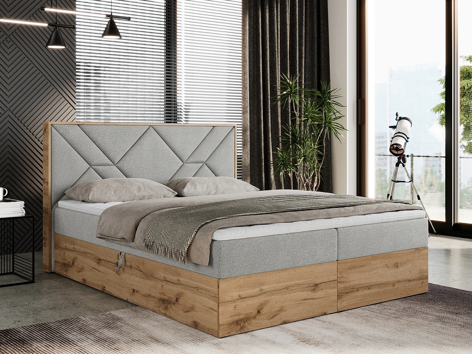 Boxspringbett GUNAR - gepolster kopfteil, Doppelbett mit Multipocket-Matratze, zwei Bettkästen - 200x200 cm - H4 - Hellgrau Strukture