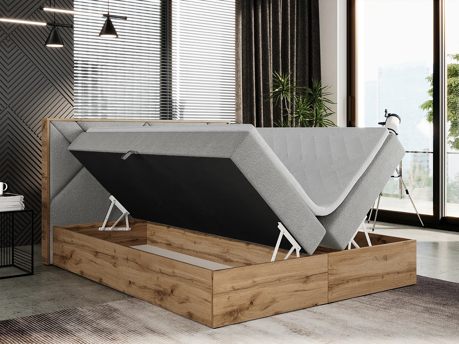 Boxspringbett GUNAR - gepolster kopfteil, Doppelbett mit Multipocket-Matratze, zwei Bettkästen - 200x200 cm - H4 - Hellgrau Strukture