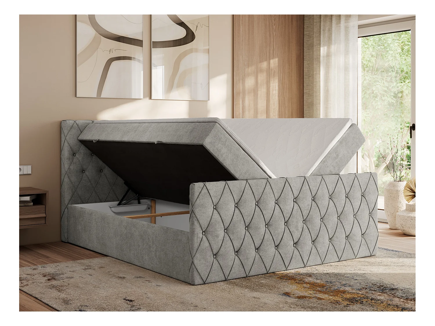 Boxspringbett MIREN DUO - mit gestepptem Kopfteil und Front, Multipocket-Matratze, zwei Bettkästen - 200x200 cm - H4 - Hellgrau Strukture