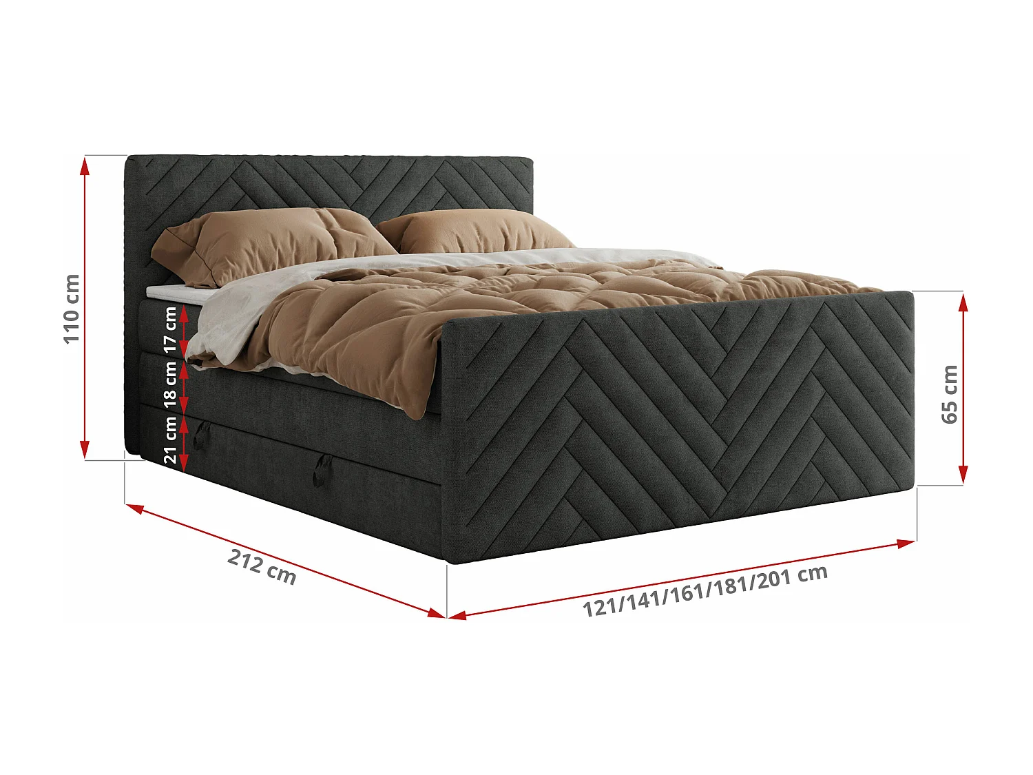 Boxspringbett PARIS KING DUO - dekorative Kopfstütze und Front, zwei Multipocket-Matratze mit Topper - 200x200 cm - H4 - Dunkelgrau Strukture