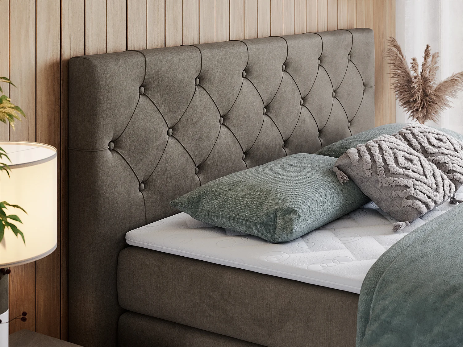 Boxspringbett VELEN KING - Doppelbett mit gestepptem Kopfteil, zwei Multipocket-Matratzen, Polsterbett mit Kopfstütze - 120x200 cm - H3 - Braun Velvet