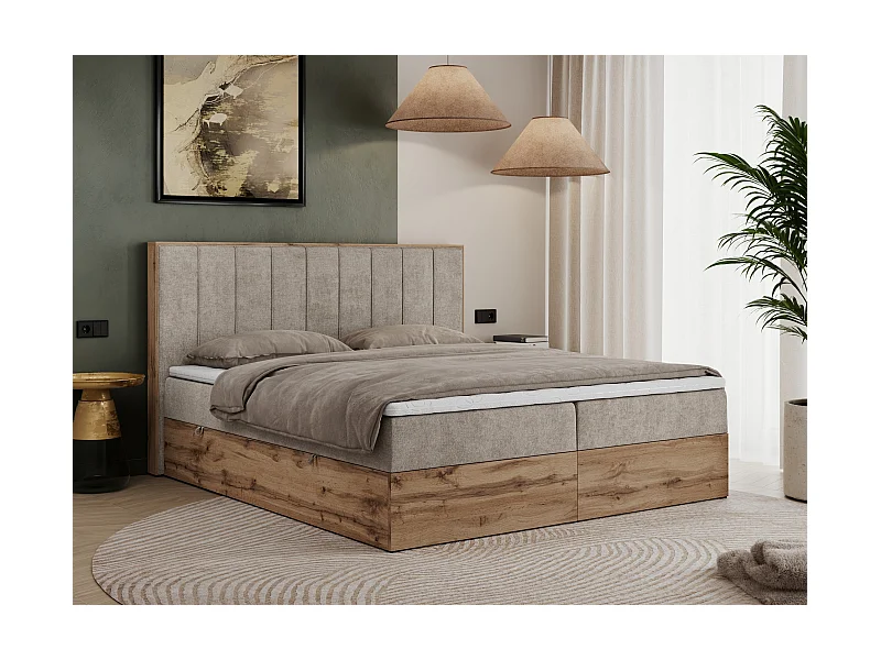 Boxspringbett BELLISSIMO - mit gestepptem Kopfteil, Polsterbett mit zwei Bettkästen, Multipocket-Matratze - 160x200 cm - H4 - Beige Strukture