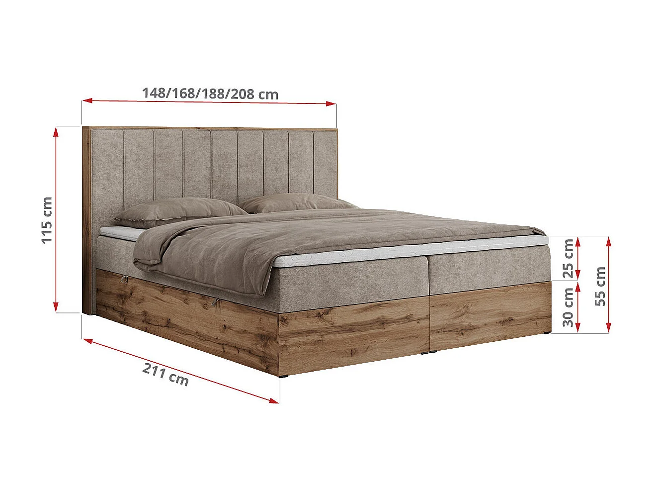 Boxspringbett BELLISSIMO - mit gestepptem Kopfteil, Polsterbett mit zwei Bettkästen, Multipocket-Matratze - 160x200 cm - H4 - Beige Strukture