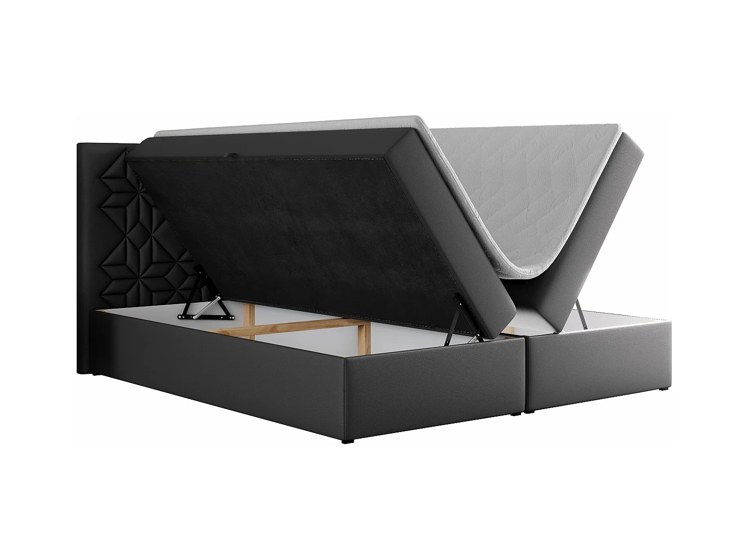 Boxspringbett LEILA - gestepptes Kopfteil,  7 Härtezonen Multipocket-Matratzen, Doppelbett mit Bettkästen - 180x200 cm - H3 - Dunkelgrau Kunstleder