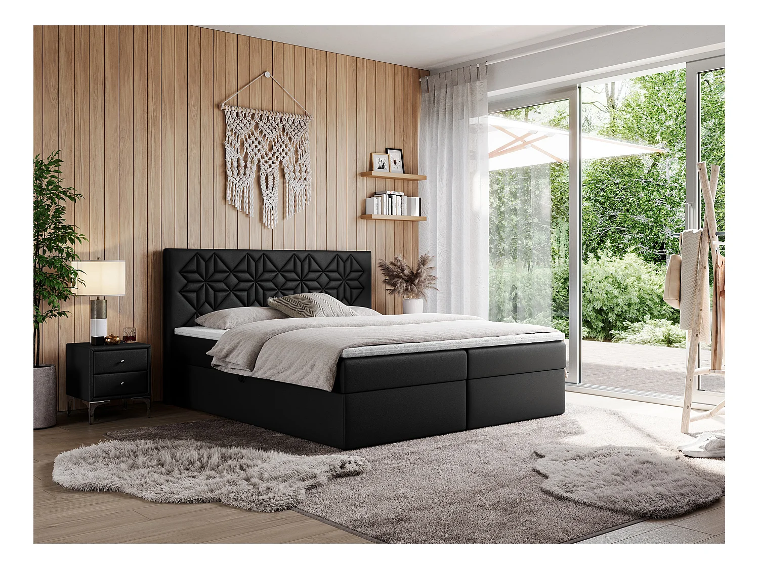 Boxspringbett LEILA - gestepptes Kopfteil,  7 Härtezonen Multipocket-Matratzen, Doppelbett mit Bettkästen - 180x200 cm - H3 - Schwarz Kunstleder