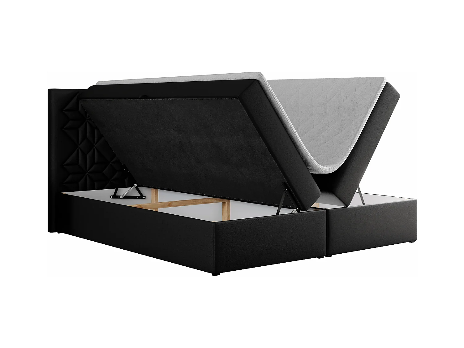 Boxspringbett LEILA - gestepptes Kopfteil,  7 Härtezonen Multipocket-Matratzen, Doppelbett mit Bettkästen - 180x200 cm - H3 - Schwarz Kunstleder