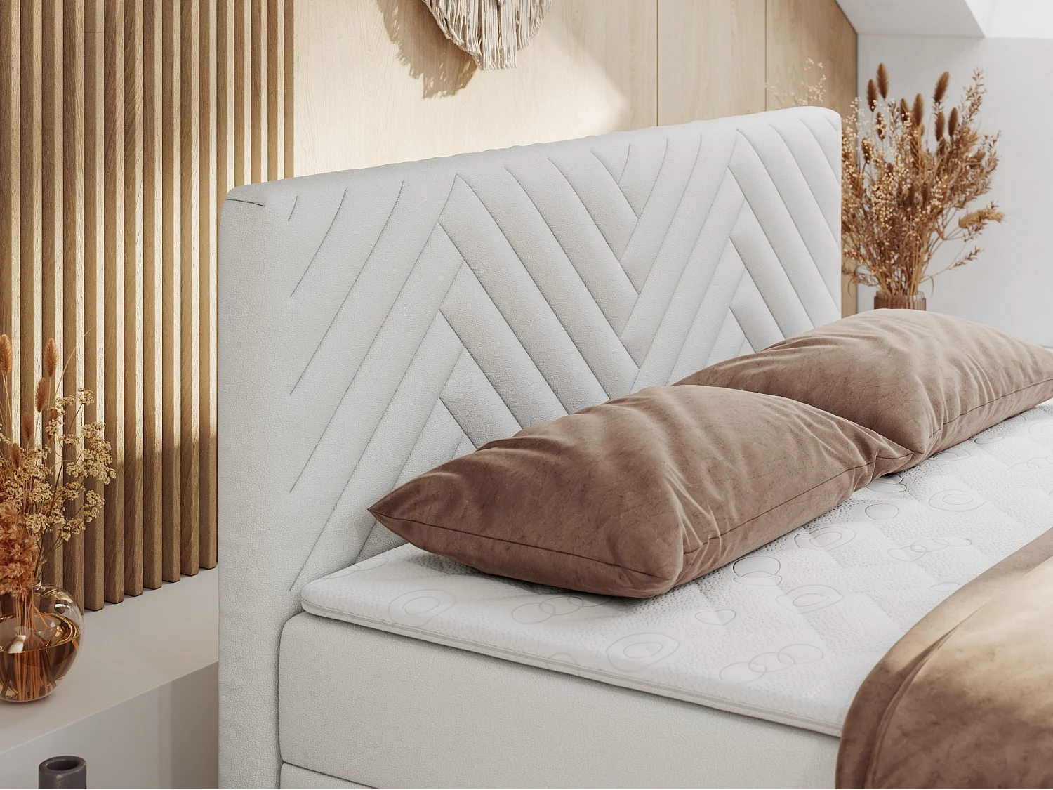 Boxspringbett PARIS DUO - Polsterbett mit genähtem Kopfteil und Frontplatte, Doppelbett, zwei Bettkästen - 160x200 cm - H3 - Weiß Kunstleder