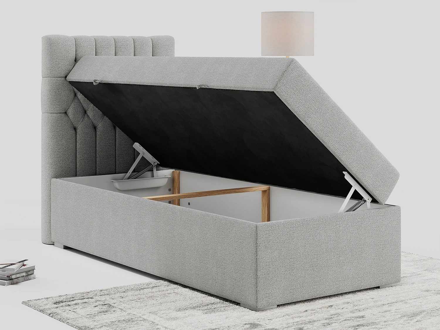 Boxspringbett PERA - Einzelbett mit Kopfstütze, Polsterbett, Multipocket-Matratze, genähtes Kopfteil - 90x200 cm - H3 - Hellgrau Strukture - Links Seite