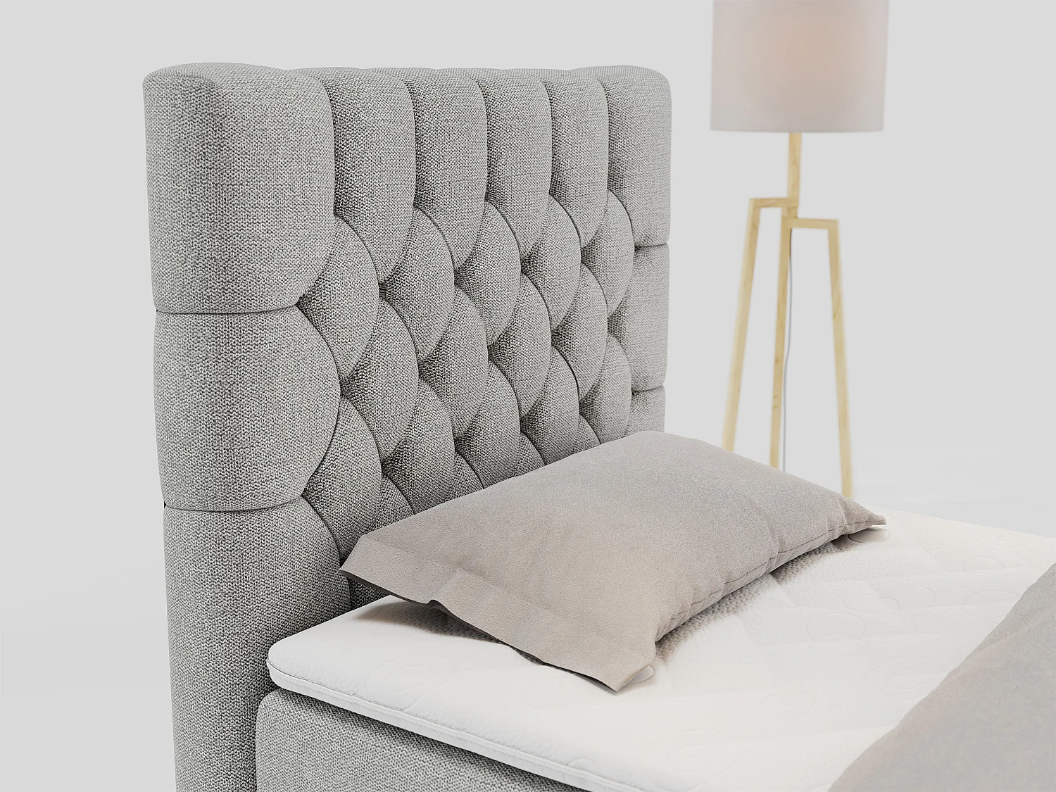 Boxspringbett PERA - Einzelbett mit Kopfstütze, Polsterbett, Multipocket-Matratze, genähtes Kopfteil - 90x200 cm - H3 - Hellgrau Strukture - Links Seite