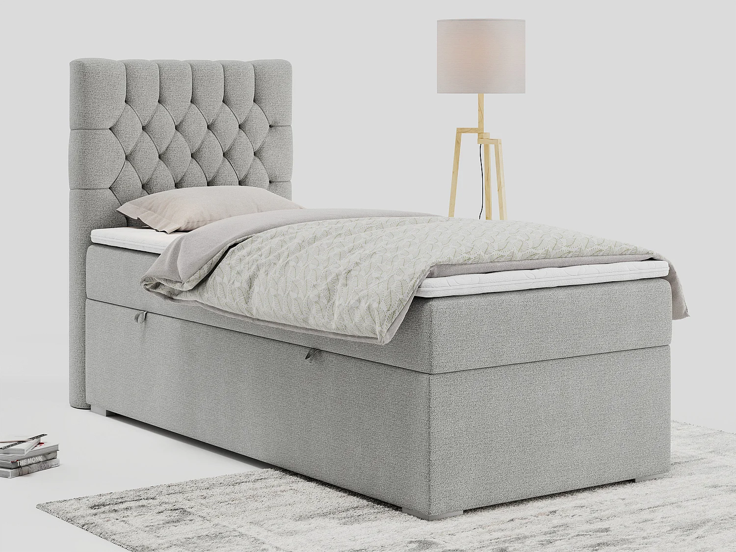 Boxspringbett PERA - Einzelbett mit Kopfstütze, Polsterbett, Multipocket-Matratze, genähtes Kopfteil - 90x200 cm - H3 - Hellgrau Strukture - Links Seite