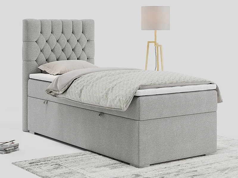 Boxspringbett PERA - Einzelbett mit Kopfstütze, Polsterbett, Multipocket-Matratze, genähtes Kopfteil - 90x200 cm - H3 - Hellgrau Strukture - Links Seite