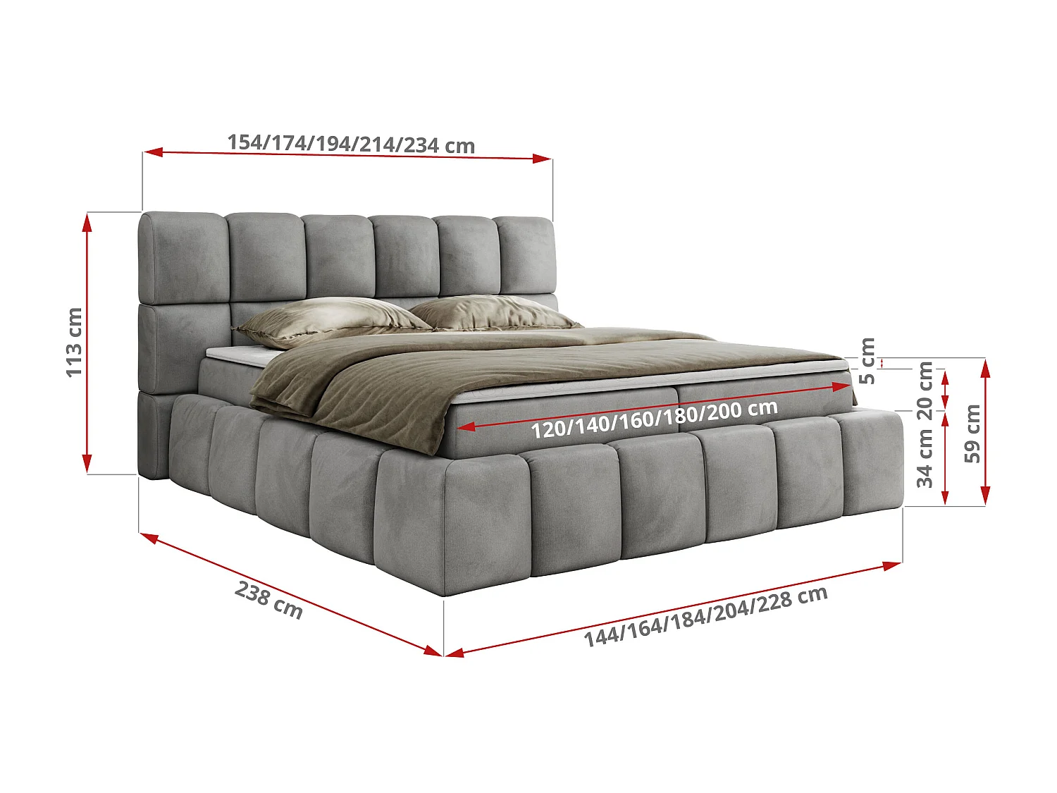 Boxspringbett NIRA - dekorativ kopfteil, Bettkästen und Multipocket-Matratze, Doppelbett für Schlafzimmer - 120x200 cm - H3 - Hellgrau Velvet