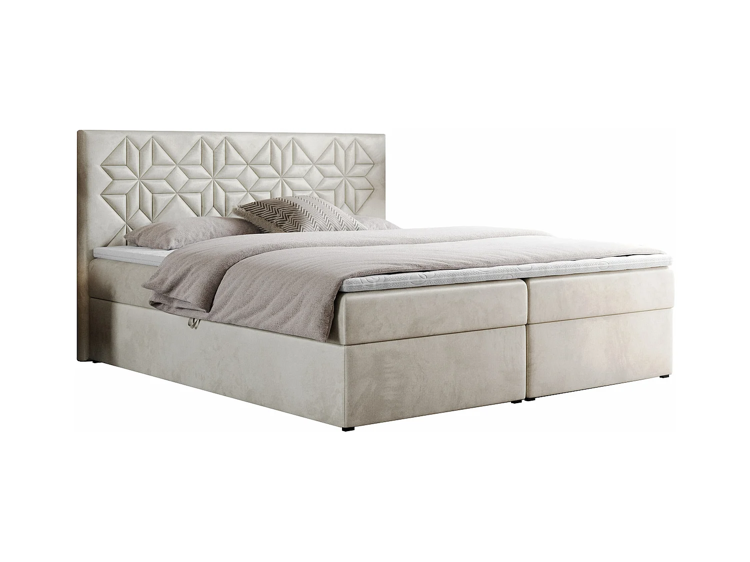 Boxspringbett LEILA - gestepptes Kopfteil,  7 Härtezonen Multipocket-Matratzen, Doppelbett mit Bettkästen - 160x200 cm - H3 - Beige Velvet
