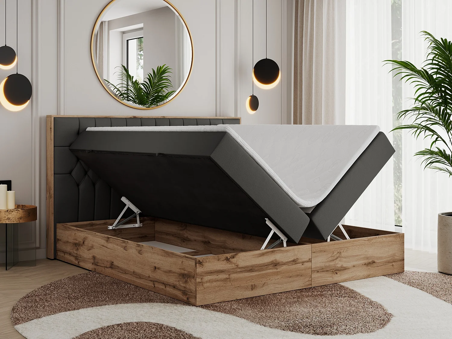 Boxspringbett AMORE - Bett mit Multipocket-Matratze, gesteppte Kopfstütze, Doppelbett für Schlafzimmer - 160x200 cm - H4 - Dunkelgrau Kunstleder