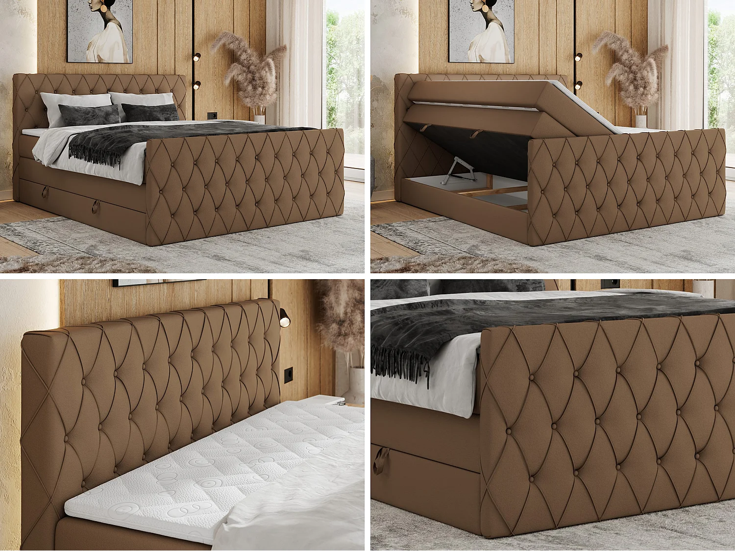 Boxspringbett MIREN KING DUO - für Schlafzimmer mit zwei Multipocket-Matratzen und Topper, gestepptes Kopfteil und Front  - 160x200 cm - H4 - Braun Kunstleder