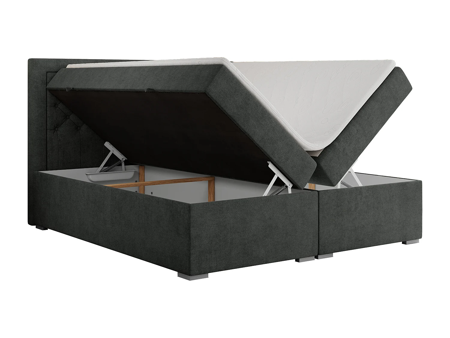 Boxspringbett JASIR - mit gestepptem Kopfteil, Doppelbett für Schlafzimmer, Multipocket-Matratze, Stauraum - 120x200 cm - H4 - Dunkelgrau Strukture