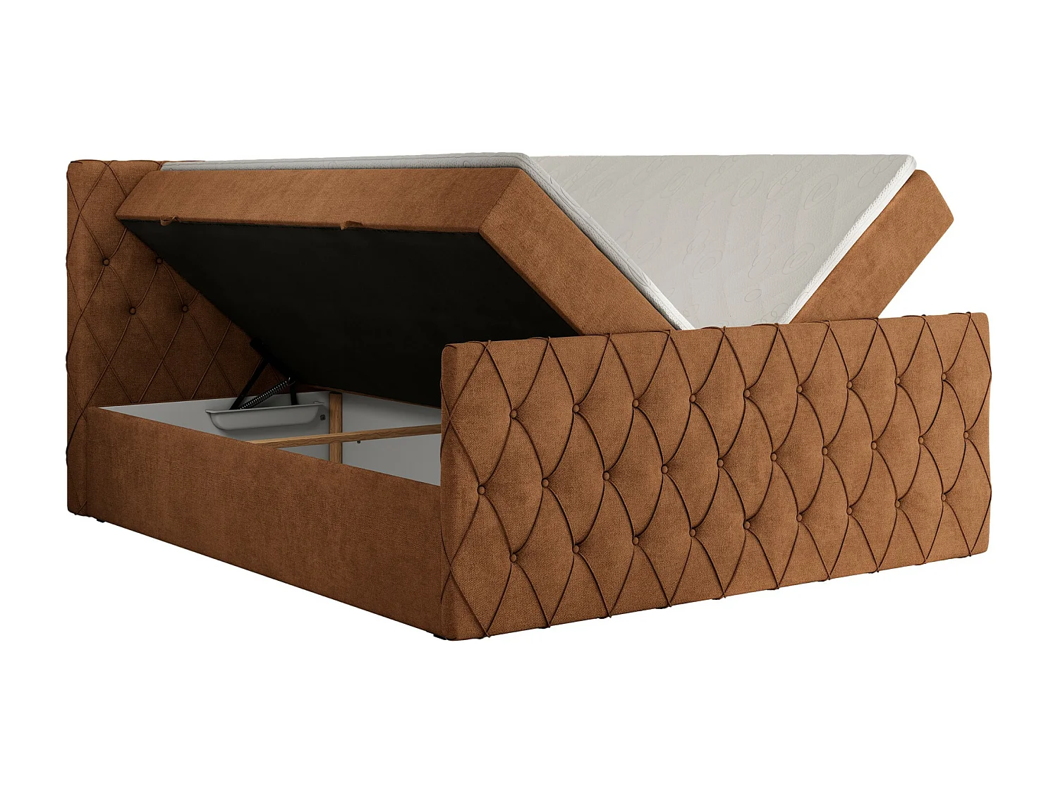 Boxspringbett MIREN DUO - mit gestepptem Kopfteil und Front, Multipocket-Matratze, zwei Bettkästen - 140x200 cm - H3 - Orange Strukture