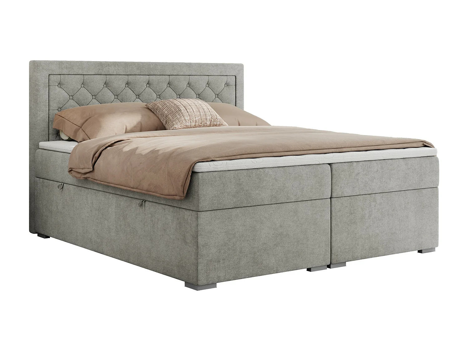 Boxspringbett JASIR - mit gestepptem Kopfteil, Doppelbett für Schlafzimmer, Multipocket-Matratze, Stauraum - 160x200 cm - H4 - Hellgrau Strukture