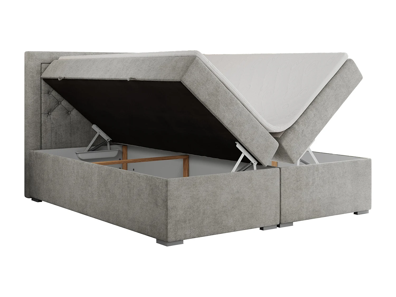 Boxspringbett JASIR - mit gestepptem Kopfteil, Doppelbett für Schlafzimmer, Multipocket-Matratze, Stauraum - 160x200 cm - H4 - Hellgrau Strukture