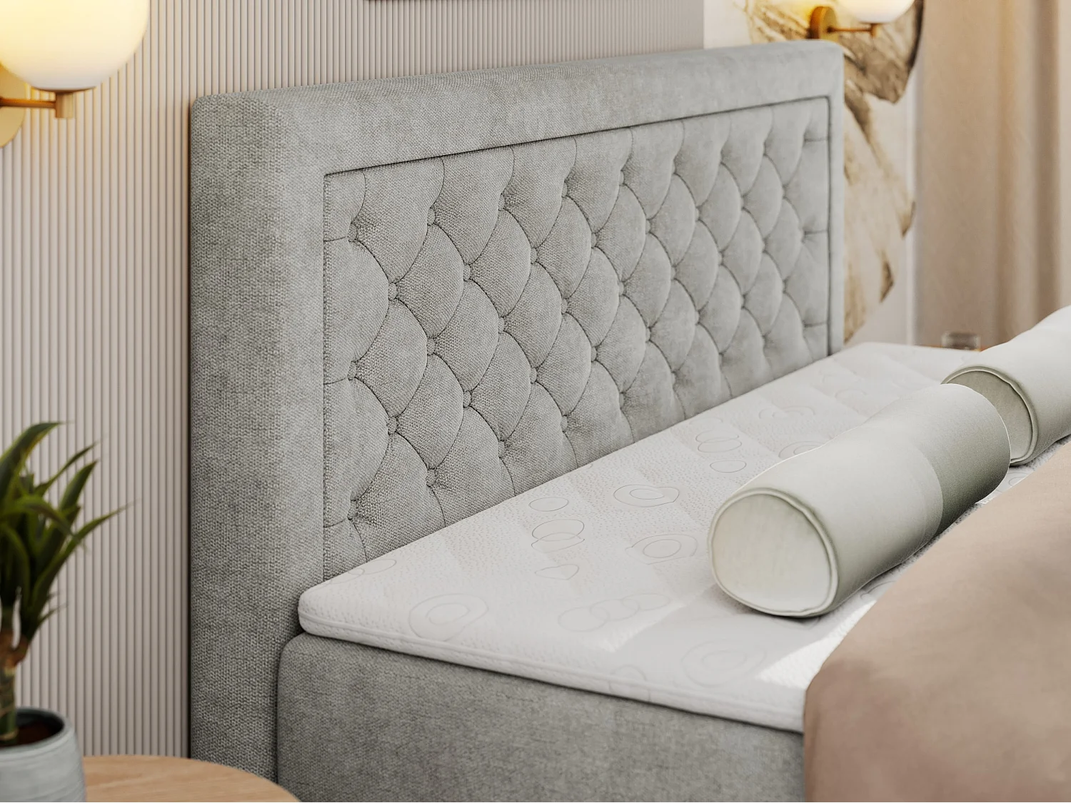 Boxspringbett JASIR - mit gestepptem Kopfteil, Doppelbett für Schlafzimmer, Multipocket-Matratze, Stauraum - 160x200 cm - H4 - Hellgrau Strukture