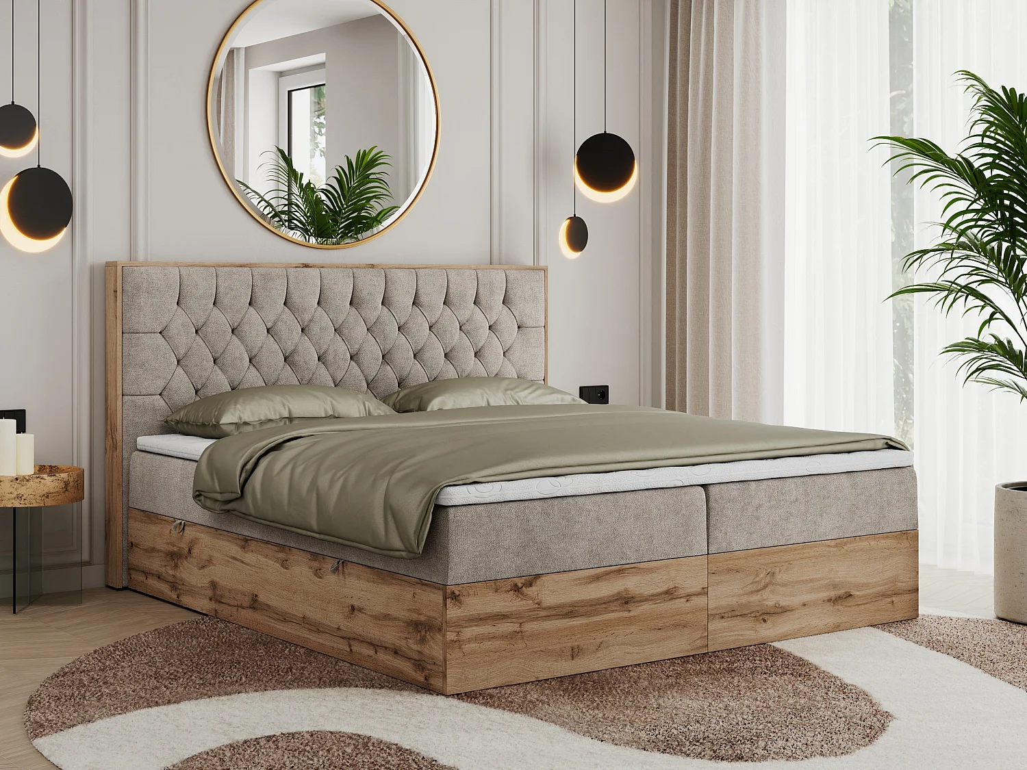 Boxspringbett AMORE - Bett mit Multipocket-Matratze, gesteppte Kopfstütze, Doppelbett für Schlafzimmer - 180x200 cm - H3 - Beige Strukture
