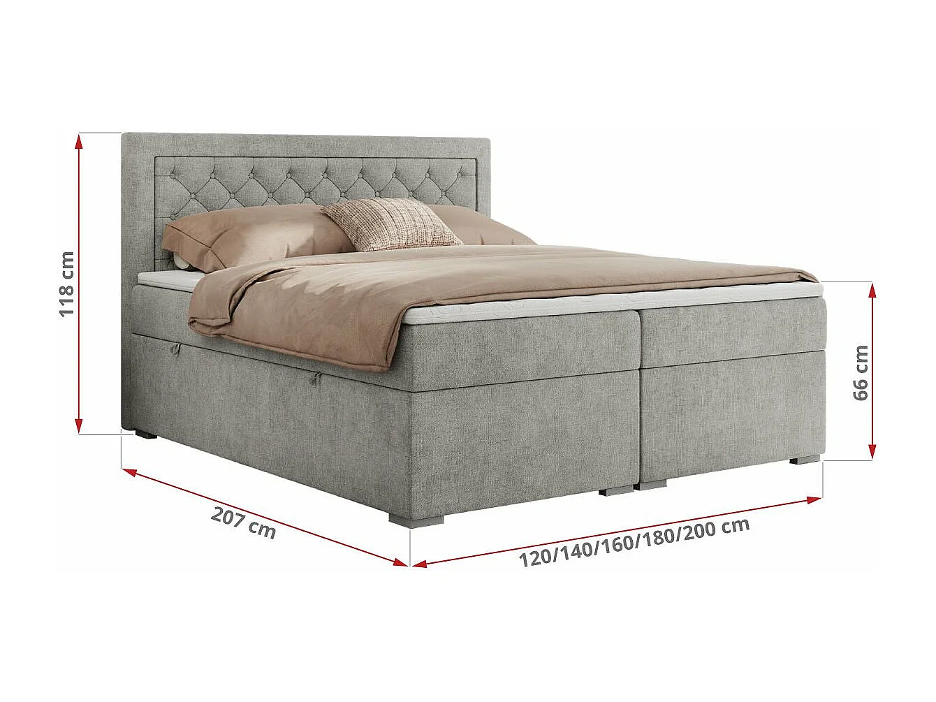 Boxspringbett JASIR - mit gestepptem Kopfteil, Doppelbett für Schlafzimmer, Multipocket-Matratze, Stauraum - 200x200 cm - H3 - Hellgrau Strukture