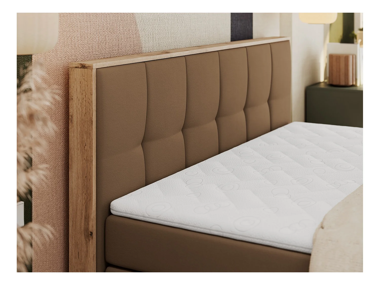 Boxspringbett ALBERO 1 KING - zwei 7 Härtezonen Multipocket-Matratzen, Doppelbett mit Stauraum, Eiche Wotan Holzrahmen - 120x200 cm - H3 - Braun Kunstleder