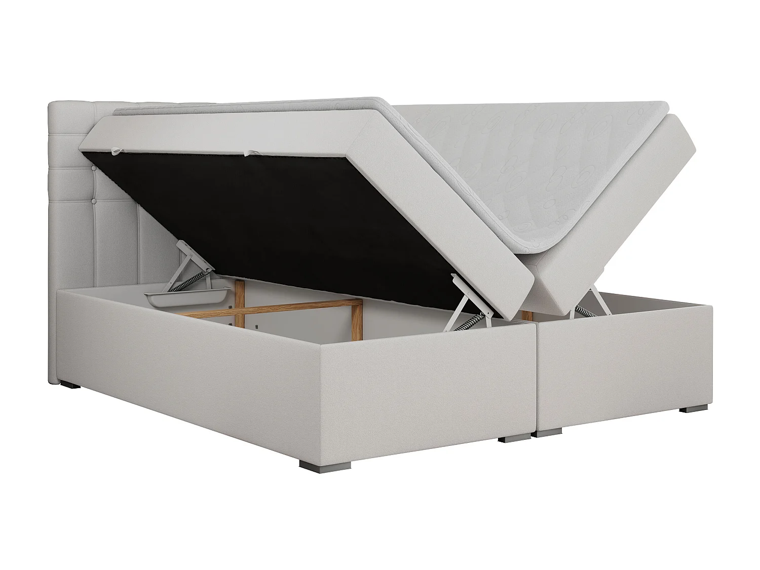 Boxspringbett SUSAN - mit gestepptem Kopfteil, zwei Bettkästen und Topper, gepolstertes Schlafzimmerbett - 200x200 cm - H4 - Weiß Kunstleder